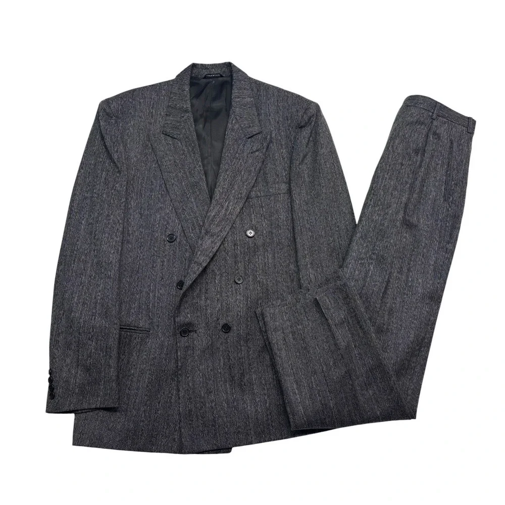 vtg 80s 90s Gray Black Stripe 40L 32x32 Double Breasted 2pc Pant Suit 100% Wool